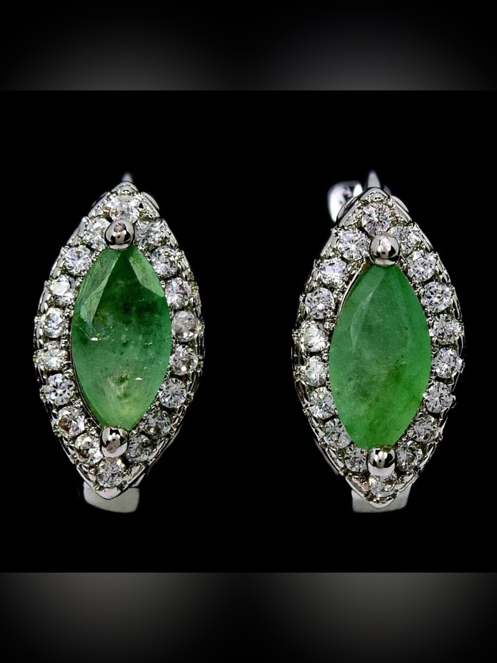 Stunning Natural Emerald Marquise .40CT with Zircon Halo 14K White Gold Earrings